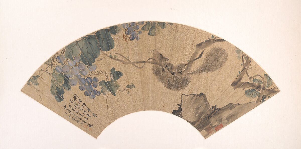 Squirrel and Grape, Liu Deliu (Chinese, 1806–1875), Folding fan mounted as an album leaf; ink and color on alum paper, China 