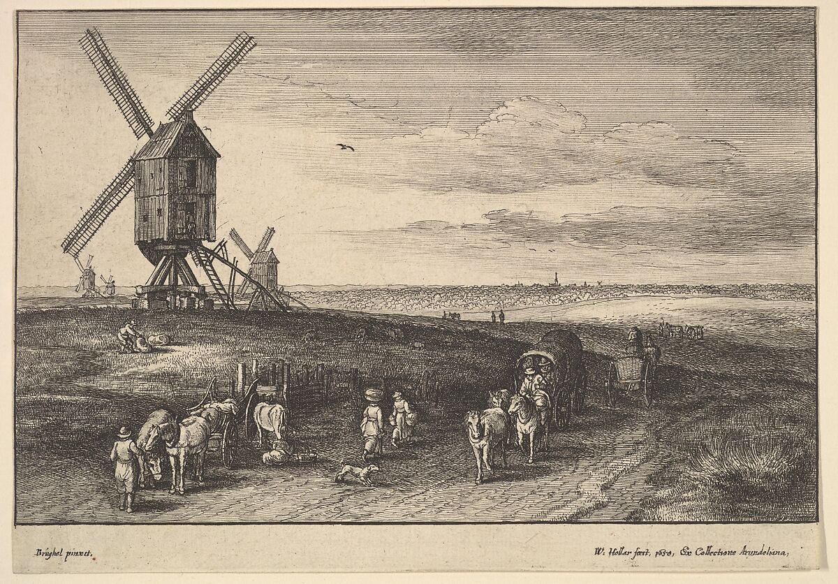 The Four Windmills, Wenceslaus Hollar (Bohemian, Prague 1607–1677 London), Etching; first state of two 
