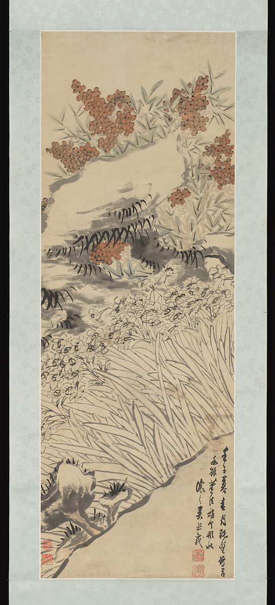 Narcissus, Fungus, and Nandina, Wu Xizai (Chinese, 1799–1870), Hanging scroll; ink and color on paper, China 
