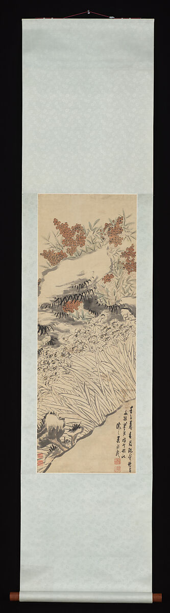 Narcissus, Fungus, and Nandina, Wu Xizai (Chinese, 1799–1870), Hanging scroll; ink and color on paper, China
