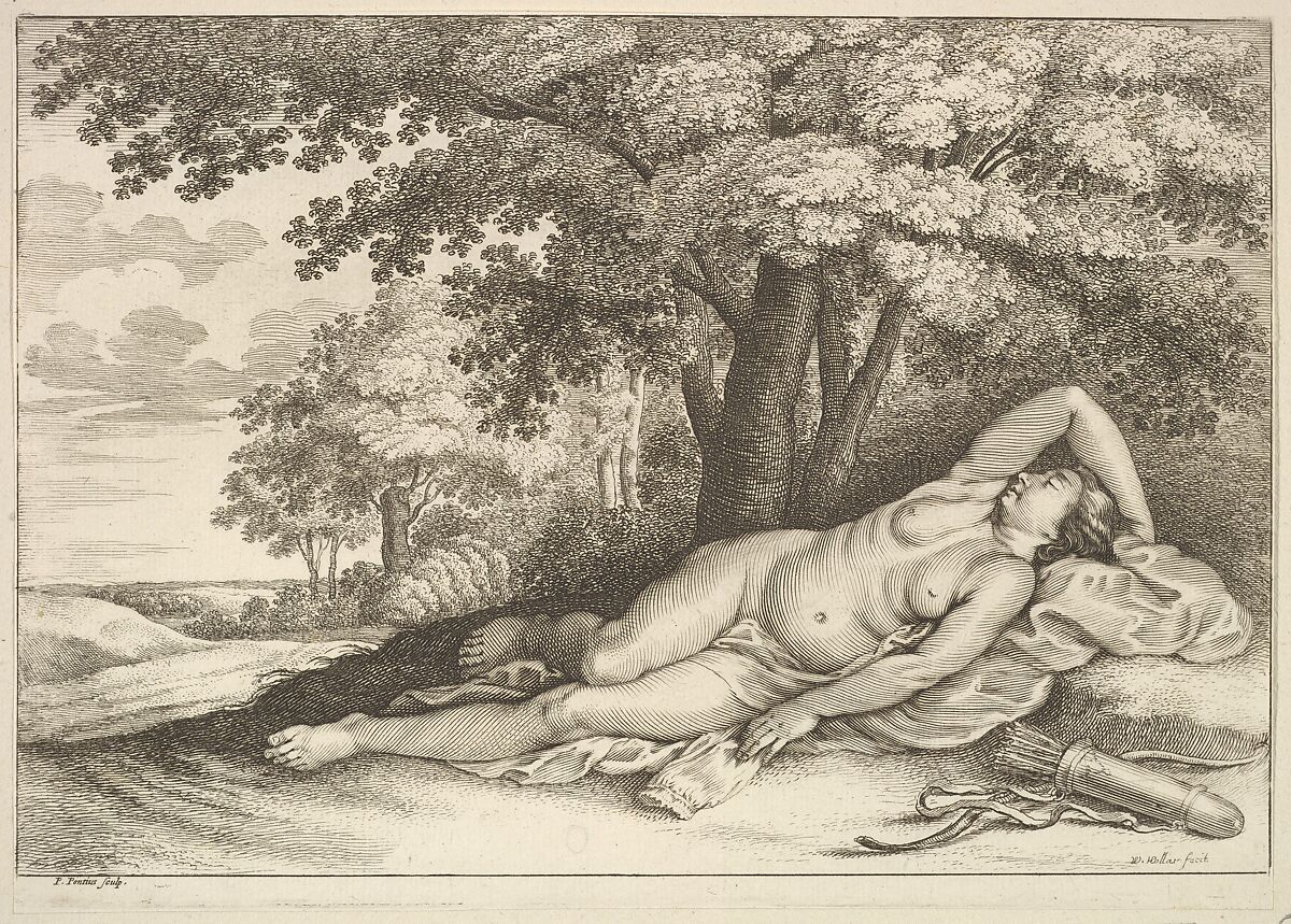 Sleeping figure of Diana the huntress, Wenceslaus Hollar (Bohemian, Prague 1607–1677 London), Etching and engraving by Paulus Pontius; second state of two 