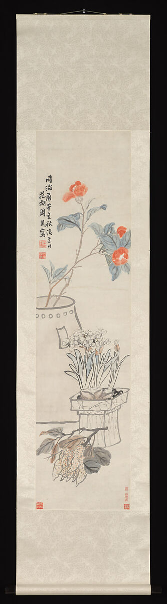 Flowers: (a) Peach-blossom and Spiritual Stone; (b) Camellia, Narcissus and Buddha's Hand, Zhou Cunbo (Chinese, 1820–1875), Pair of hanging scrolls; ink and color on paper, China