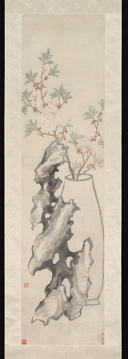 Flowers: (a) Peach-blossom and Spiritual Stone; (b) Camellia, Narcissus and Buddha's Hand, Zhou Cunbo (Chinese, 1820–1875), Pair of hanging scrolls; ink and color on paper, China