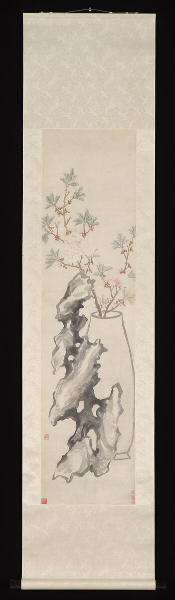 Flowers: (a) Peach-blossom and Spiritual Stone; (b) Camellia, Narcissus and Buddha's Hand, Zhou Cunbo (Chinese, 1820–1875), Pair of hanging scrolls; ink and color on paper, China