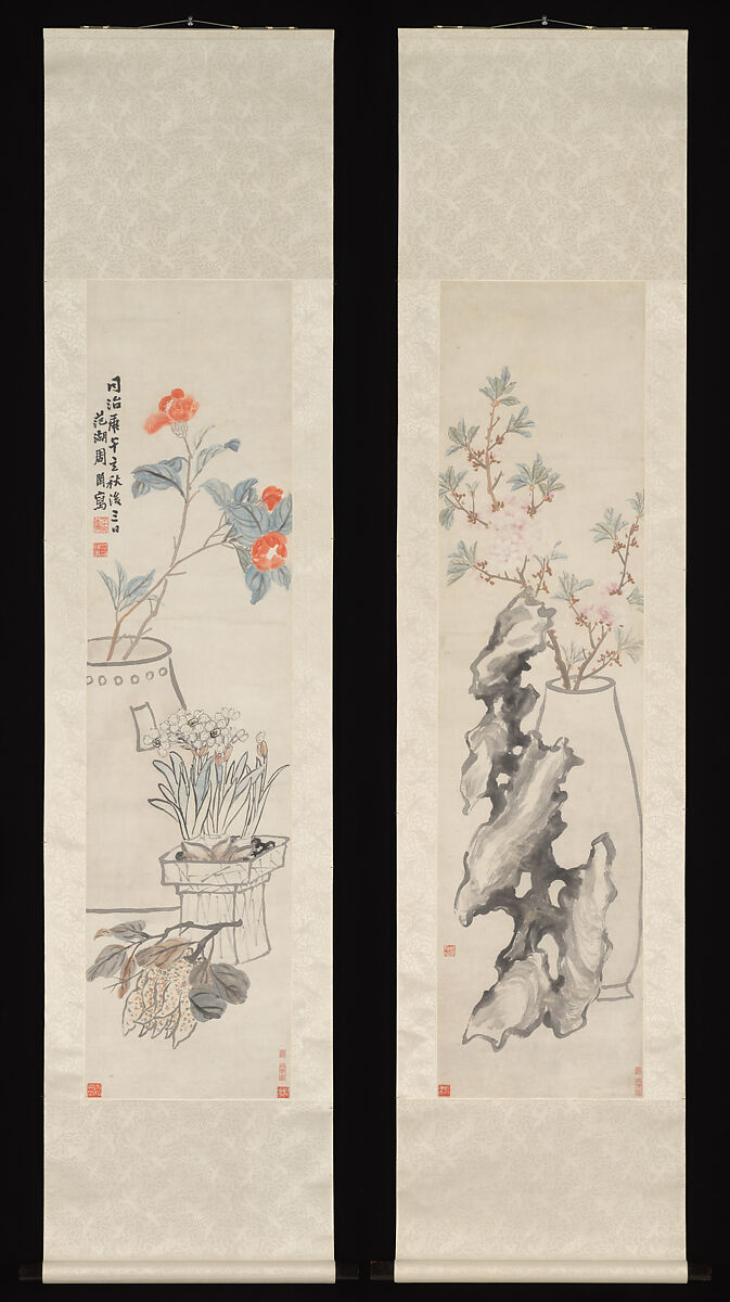 Flowers: (a) Peach-blossom and Spiritual Stone; (b) Camellia, Narcissus and Buddha's Hand, Zhou Cunbo (Chinese, 1820–1875), Pair of hanging scrolls; ink and color on paper, China