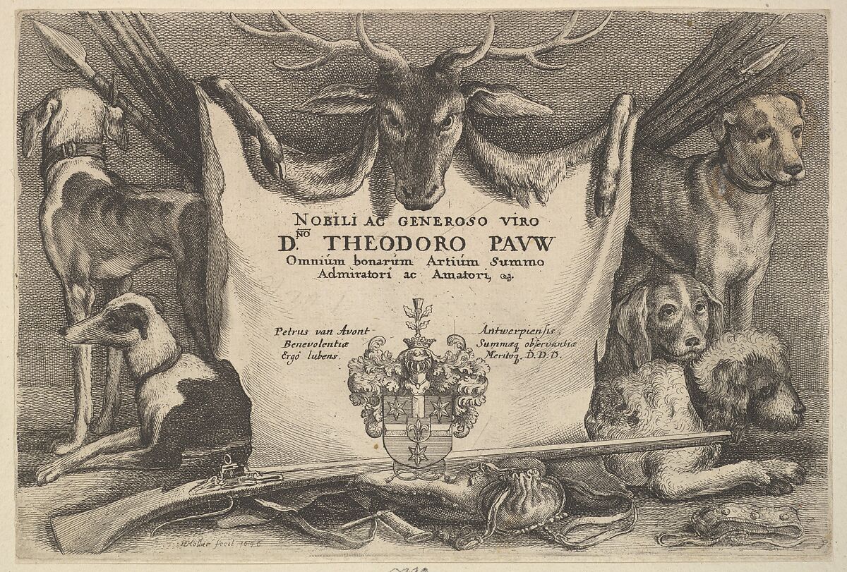 Titlepage with hounds and hunting equipment, Wenceslaus Hollar (Bohemian, Prague 1607–1677 London), Etching; third state of six 