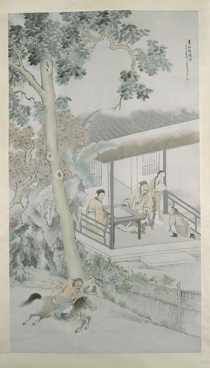 Bringing the Message of Victory to Dongshan, Wang Su (Chinese, 1794–1877), Hanging scroll; ink and color on paper, China 