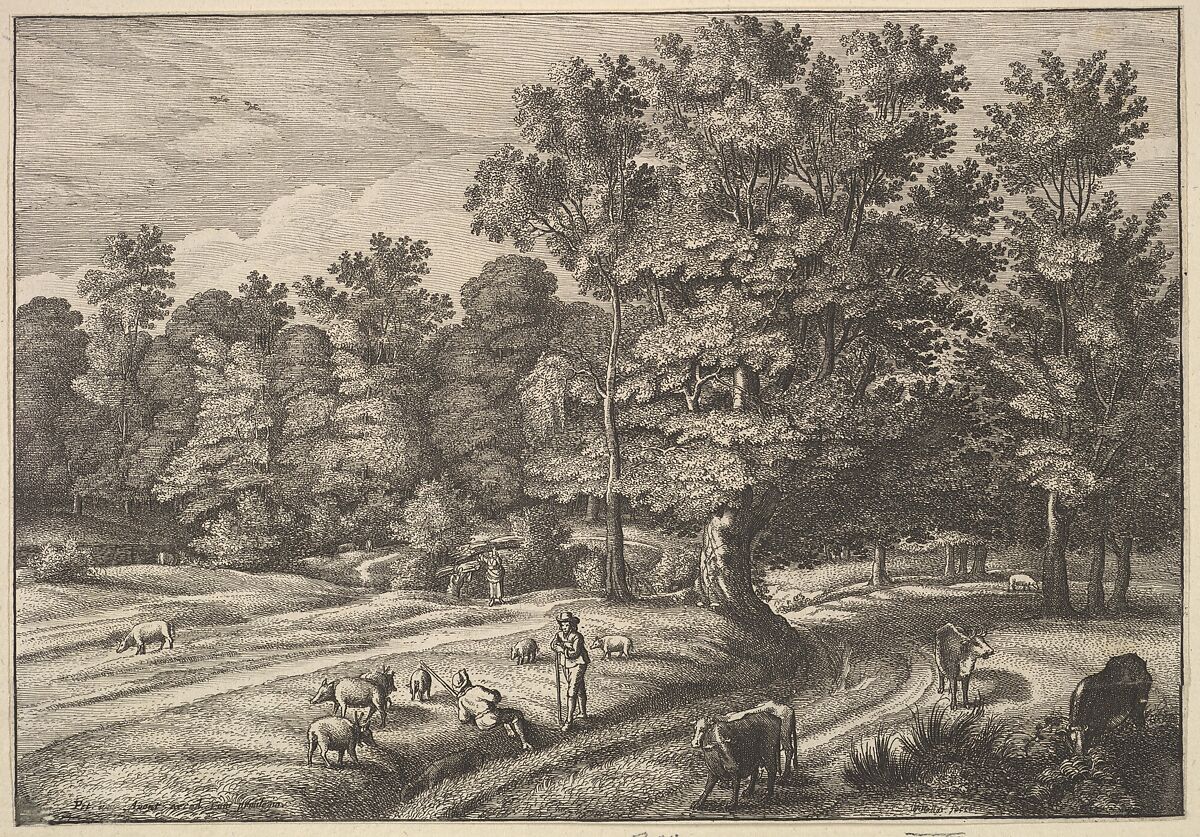Pigherder and Cowherd Conversing in a Clearing, Wenceslaus Hollar (Bohemian, Prague 1607–1677 London), Etching, state cannot be determined due to trimming of sheet 