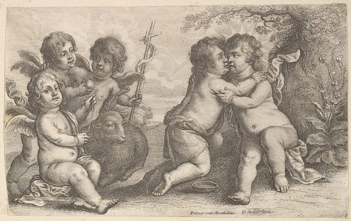 Jesus and St. John embracing, with Cherubs, Wenceslaus Hollar (Bohemian, Prague 1607–1677 London), Etching; first state of two 