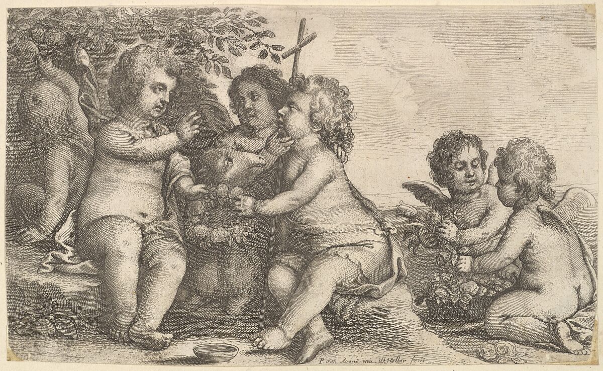 Jesus, St. John the Baptist and four cherubs, Wenceslaus Hollar (Bohemian, Prague 1607–1677 London), Etching; first state of two 