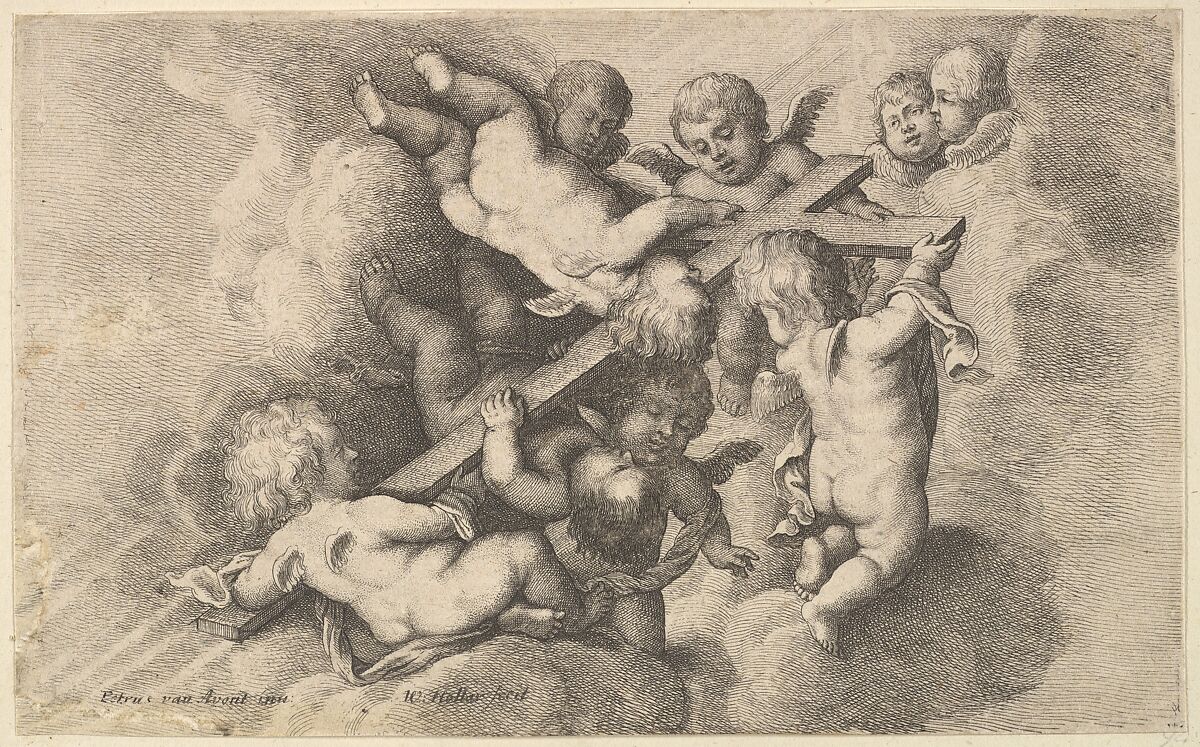 Seven putti carrying the cross, Wenceslaus Hollar (Bohemian, Prague 1607–1677 London), Etching; first state of two 