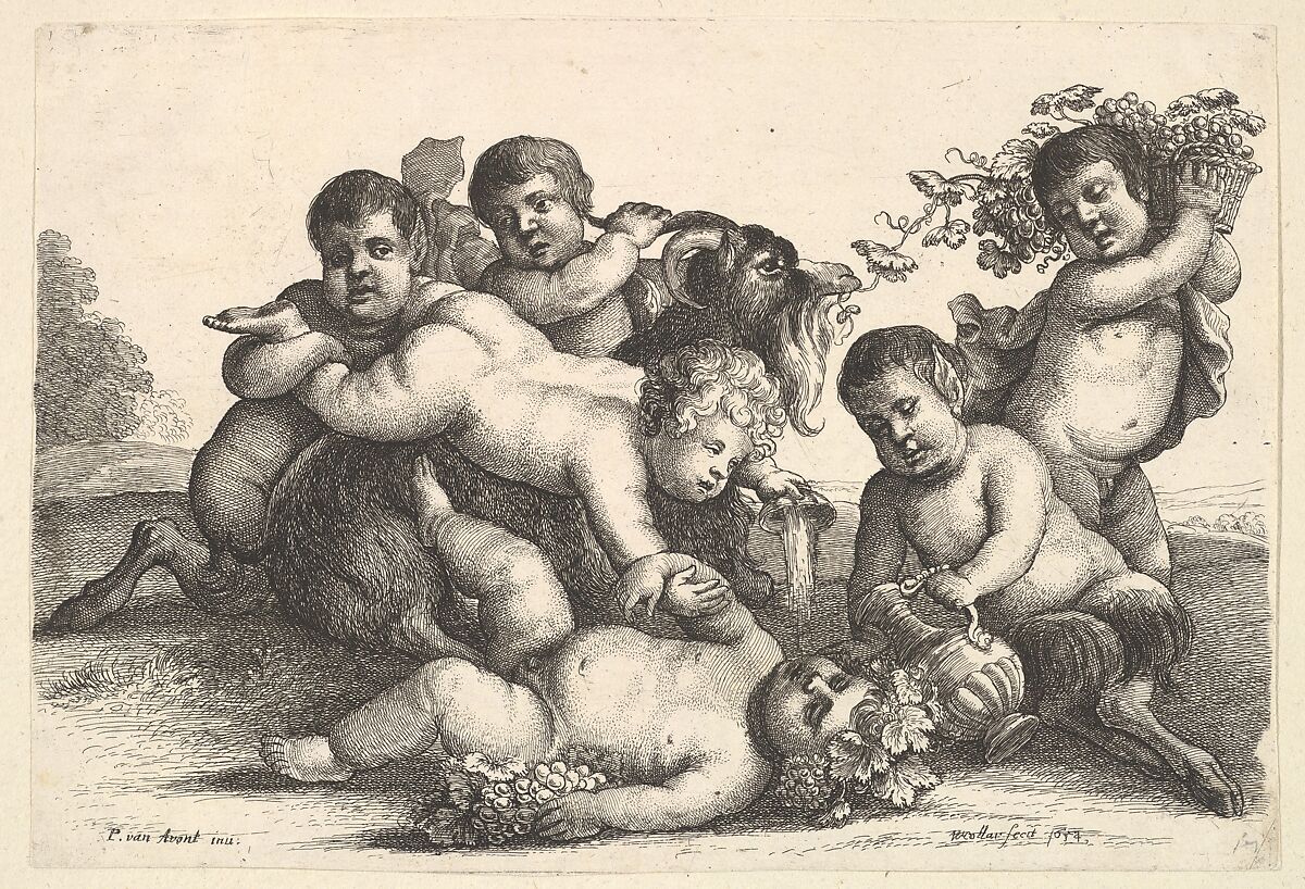 Four boys, two satyrs and a goat, Wenceslaus Hollar (Bohemian, Prague 1607–1677 London), Etching, first state of two 