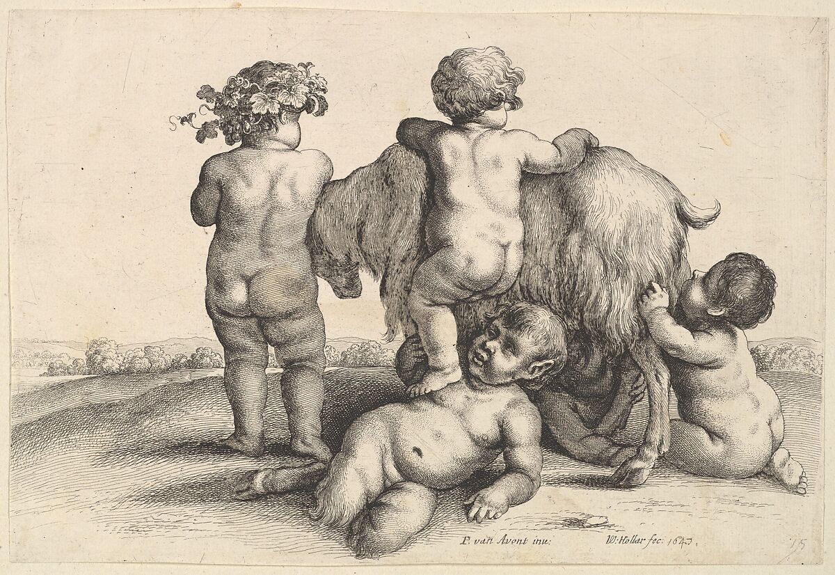 Four boys, a young satyr and a goat, Wenceslaus Hollar (Bohemian, Prague 1607–1677 London), Etching, only state 