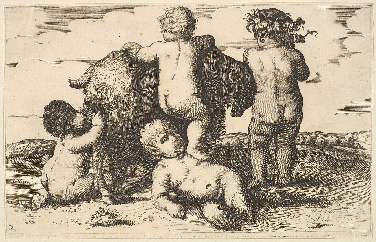 Four boys, a young satyr and a goat (copy in reverse), Wenceslaus Hollar (Bohemian, Prague 1607–1677 London), Etching and engraving 