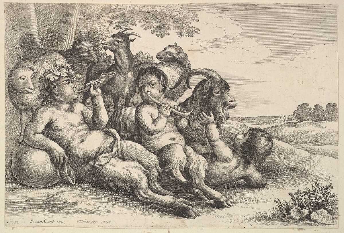 Two young satyrs and a boy, Wenceslaus Hollar (Bohemian, Prague 1607–1677 London), Etching, second state 