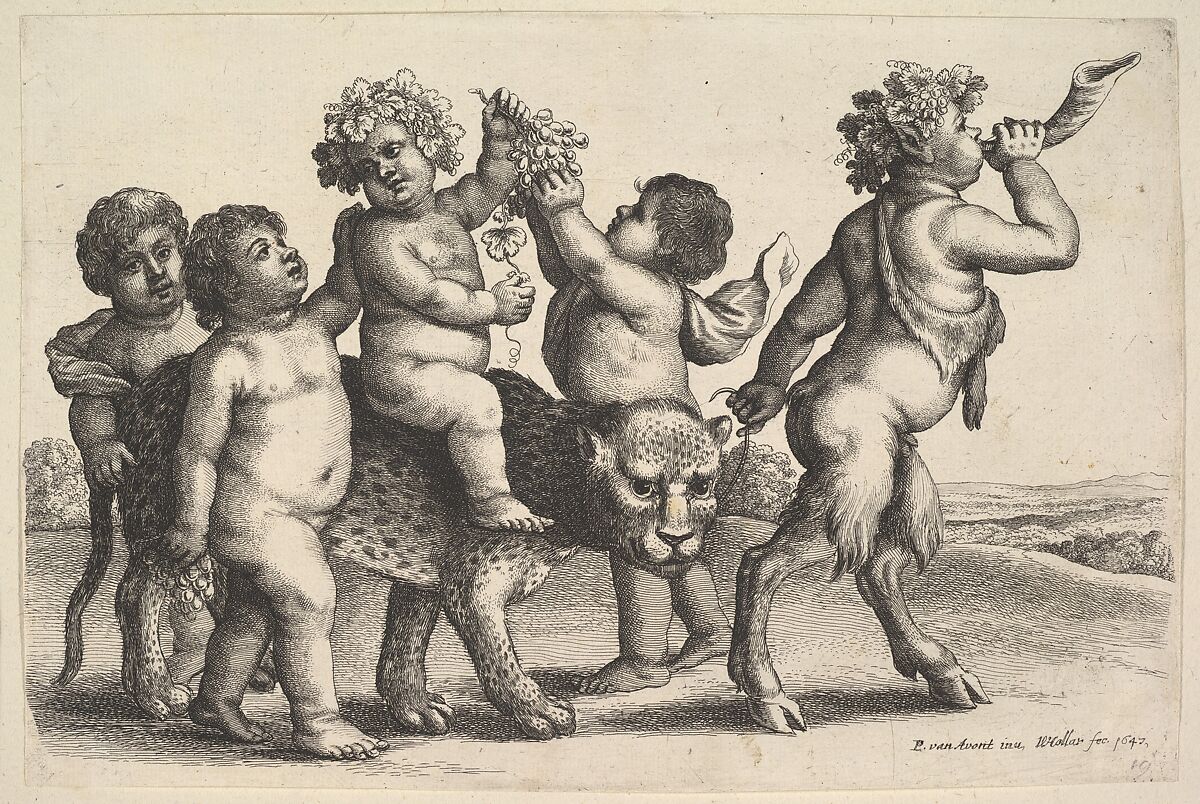 Four boys, a young satyr, and a leopard, Wenceslaus Hollar (Bohemian, Prague 1607–1677 London), Etching, only state 