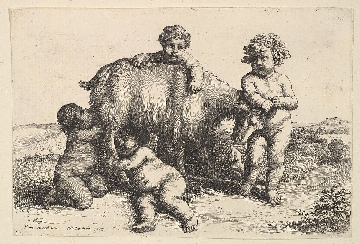 Four boys, a young satyr, and a goat, Wenceslaus Hollar (Bohemian, Prague 1607–1677 London), Etching, only state 