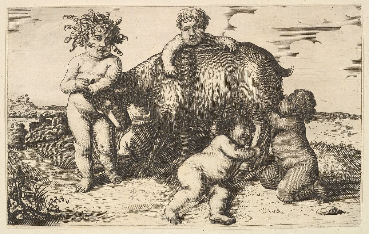 Four boys, a young satyr, and a goat (copy in reverse), Copy after Wenceslaus Hollar (Bohemian, Prague 1607–1677 London), Etching and engraving 