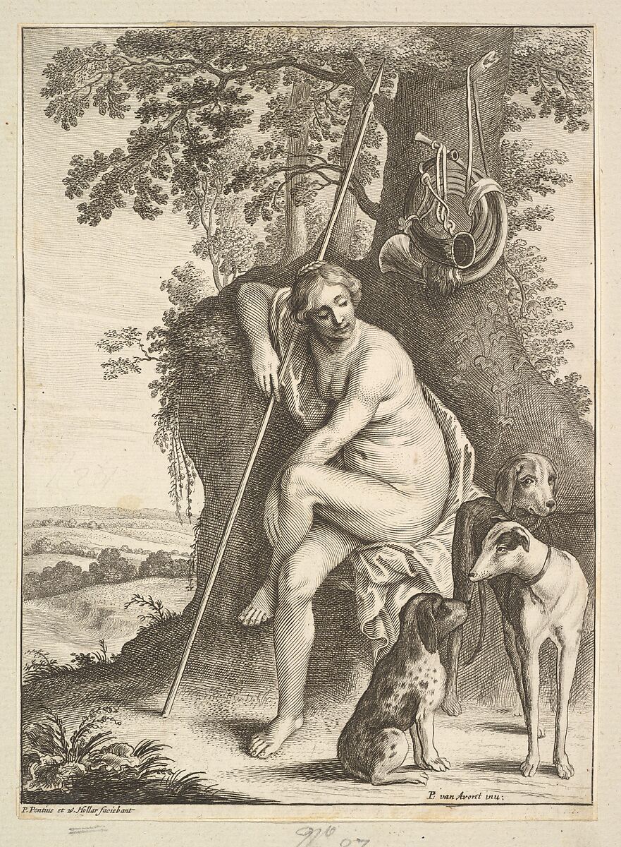 Seated figure of Diana the huntress, Wenceslaus Hollar (Bohemian, Prague 1607–1677 London), Etching, drypoint and engraving added by Paulus Pontius; fourth state of
four 