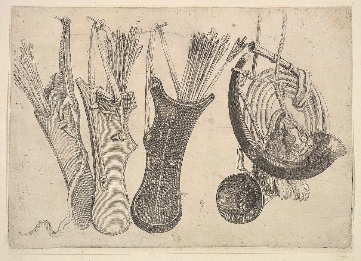 Quivers and hunting horns, Wenceslaus Hollar (Bohemian, Prague 1607–1677 London), Etching; only state 