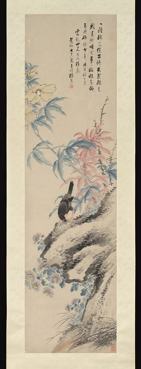 Flower and Bird, Zhang Xiong (Chinese, 1803–1886), Hanging scroll; ink and color on paper, China 