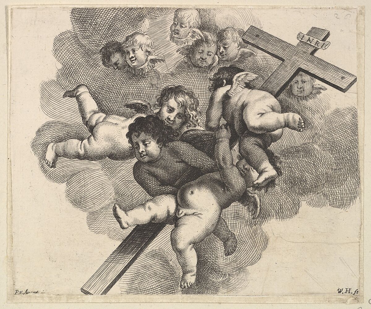 Four cherubs carrying a cross, Formerly attributed to Wenceslaus Hollar (Bohemian, Prague 1607–1677 London), Engraving, rejected by Howard, Pennington and New Hollstein (Turner) 