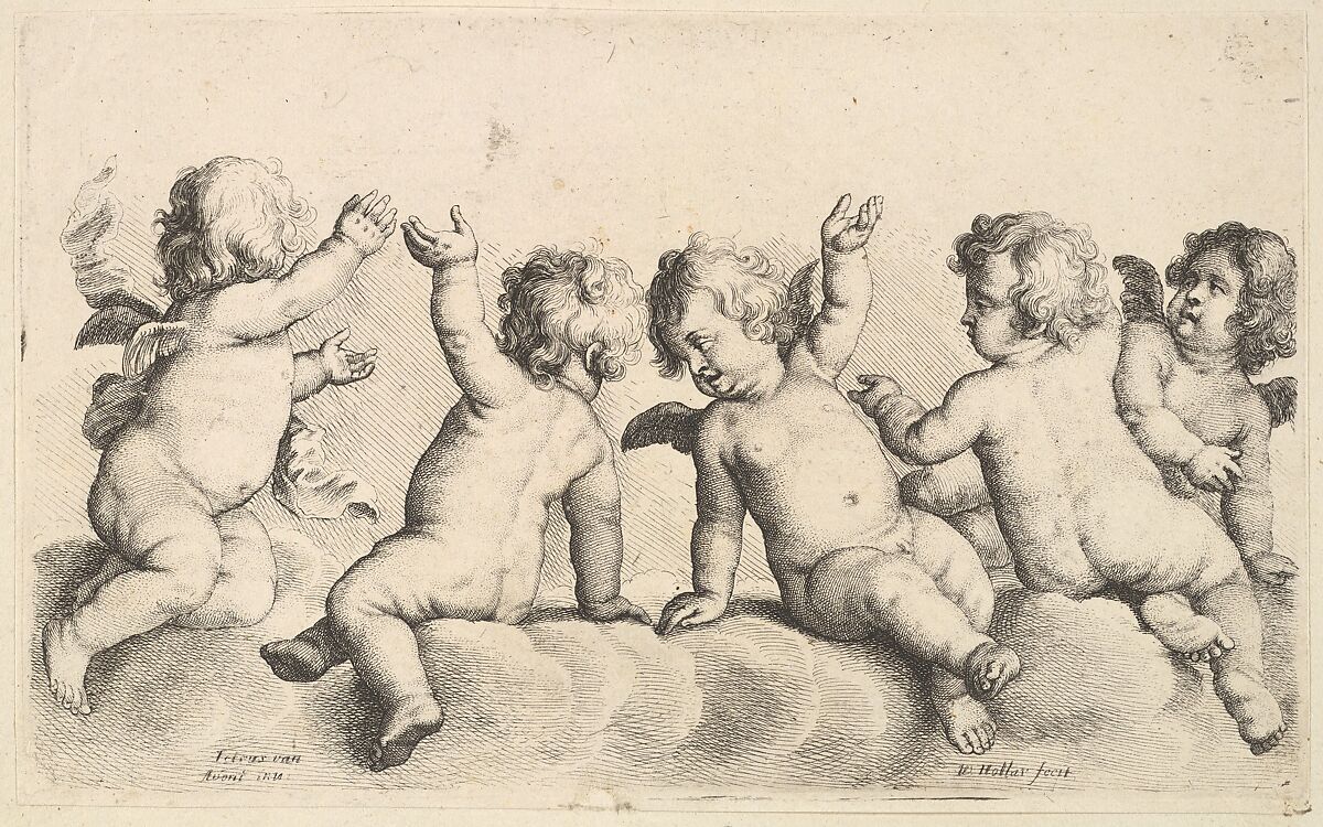 Three cherubs and two boys on clouds, Wenceslaus Hollar (Bohemian, Prague 1607–1677 London), Etching; first state of two 