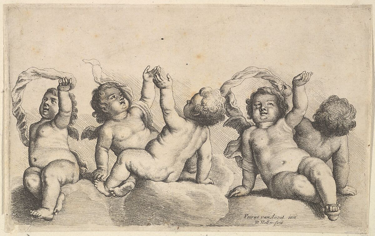 Three cherubs and two boys on clouds, each raising one arm, Wenceslaus Hollar (Bohemian, Prague 1607–1677 London), Etching, first state of two 