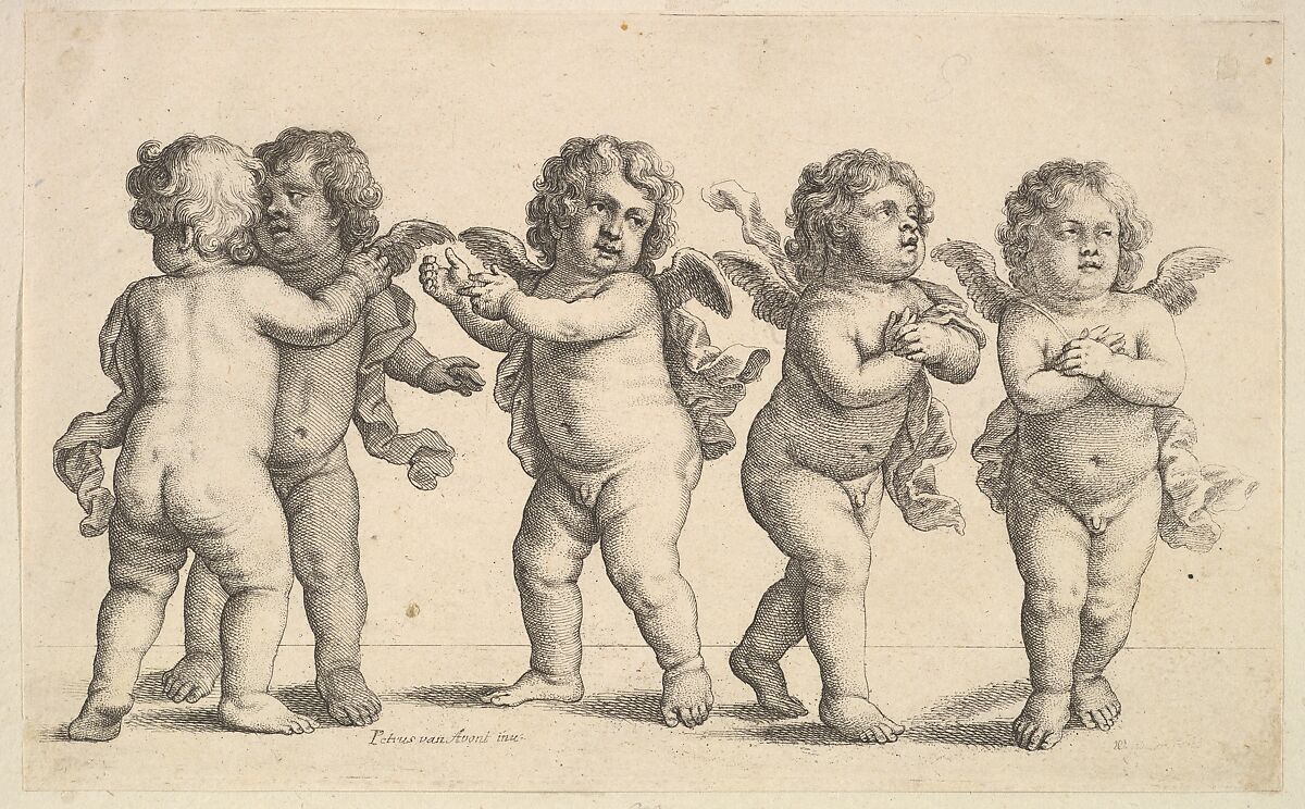 Four cherubs and a small boy standing, Wenceslaus Hollar (Bohemian, Prague 1607–1677 London), Etching, first state of two 