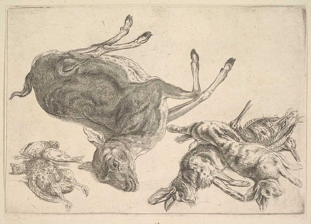 Dead deer, hares and game, Wenceslaus Hollar (Bohemian, Prague 1607–1677 London), Etching; only state 