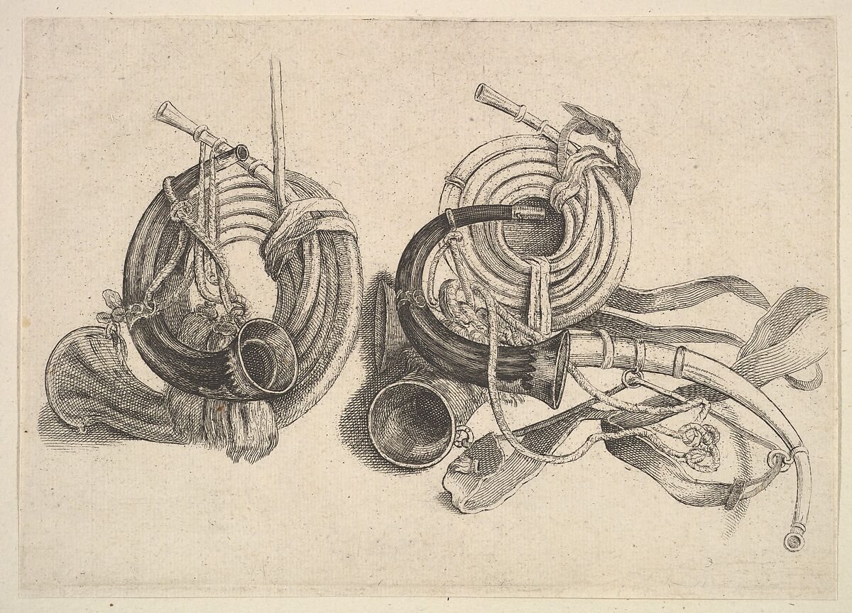 Five hunting horns, Wenceslaus Hollar (Bohemian, Prague 1607–1677 London), Etching; only state 