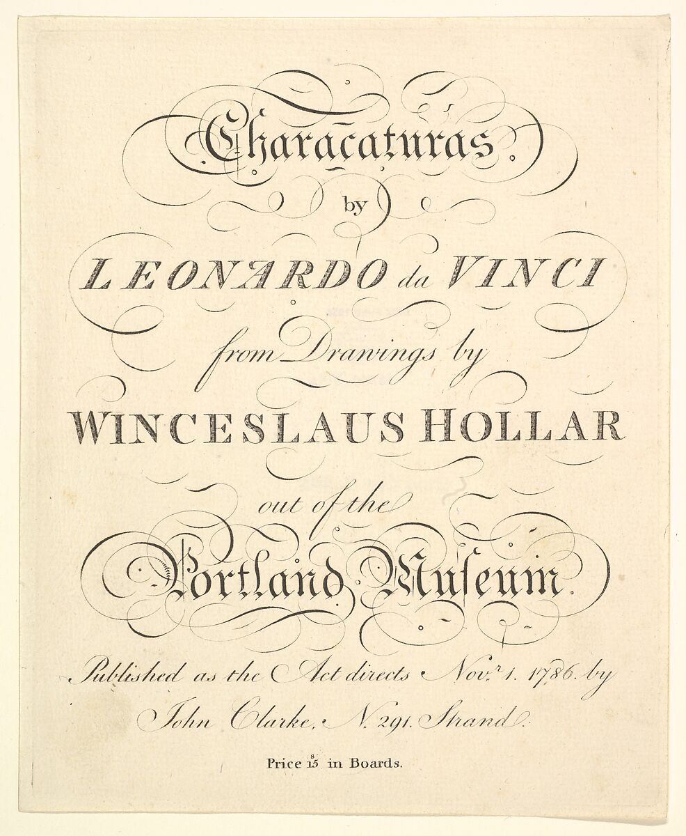 Title Page: Characaturas by Leonardo da Vinci, from Drawings by Wincelslaus Hollar, out of the Portland Museum, After Wenceslaus Hollar (Bohemian, Prague 1607–1677 London), Etching and engraving 