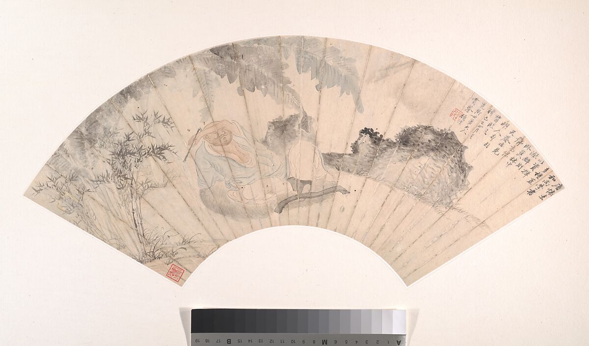 Huaisu in the Banana Grove, Gu Yun (1835–1896), Folding fan mounted as an album leaf; ink and color on alum paper, China 