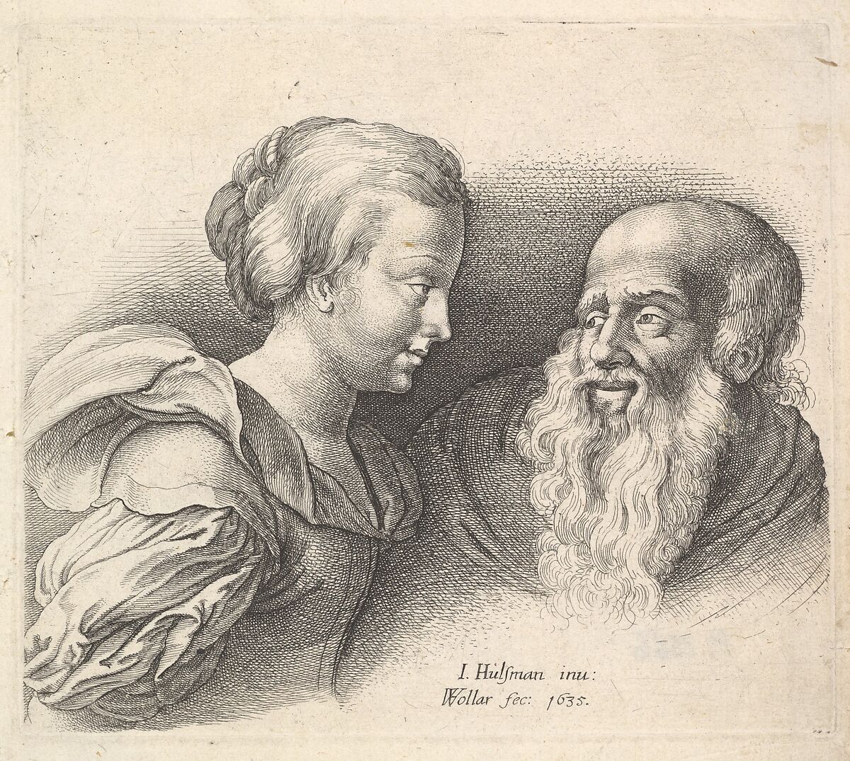 An Old Man and a Girl, Wenceslaus Hollar (Bohemian, Prague 1607–1677 London), Etching, only state 