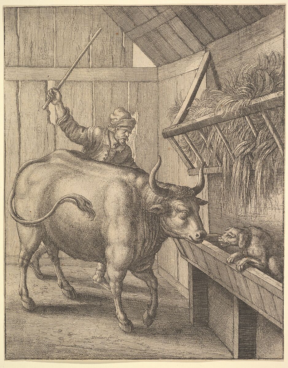 The Dog in the Manger (from John Ogilby, "Aesopics or a Second Colllection of Fables," 1668), Wenceslaus Hollar (Bohemian, Prague 1607–1677 London), Etching; first state of two 
