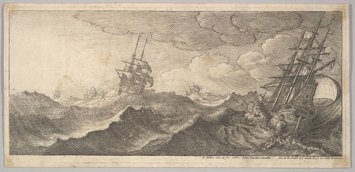 Warship in the trough of a wave, Wenceslaus Hollar (Bohemian, Prague 1607–1677 London), Etching and engraving; second state of three 