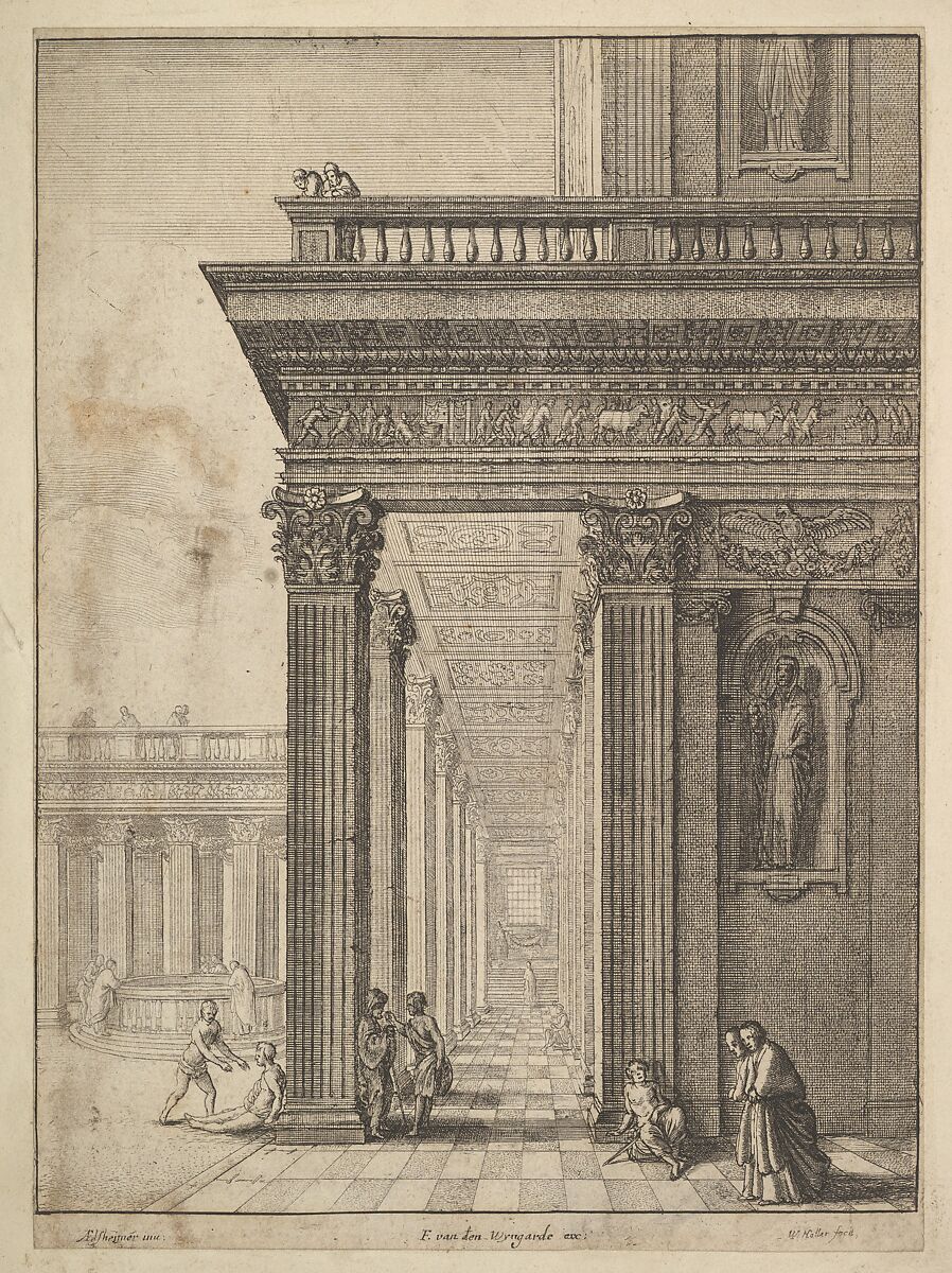 Temple courtyard with figures, Wenceslaus Hollar (Bohemian, Prague 1607–1677 London), Etching; second state of three 