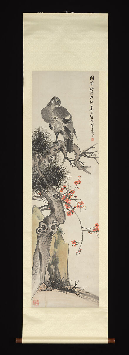 Hawk, pine, plum, and rock, Zhu Cheng (Chinese, 1826–1900), Hanging scroll; ink and color on paper, China