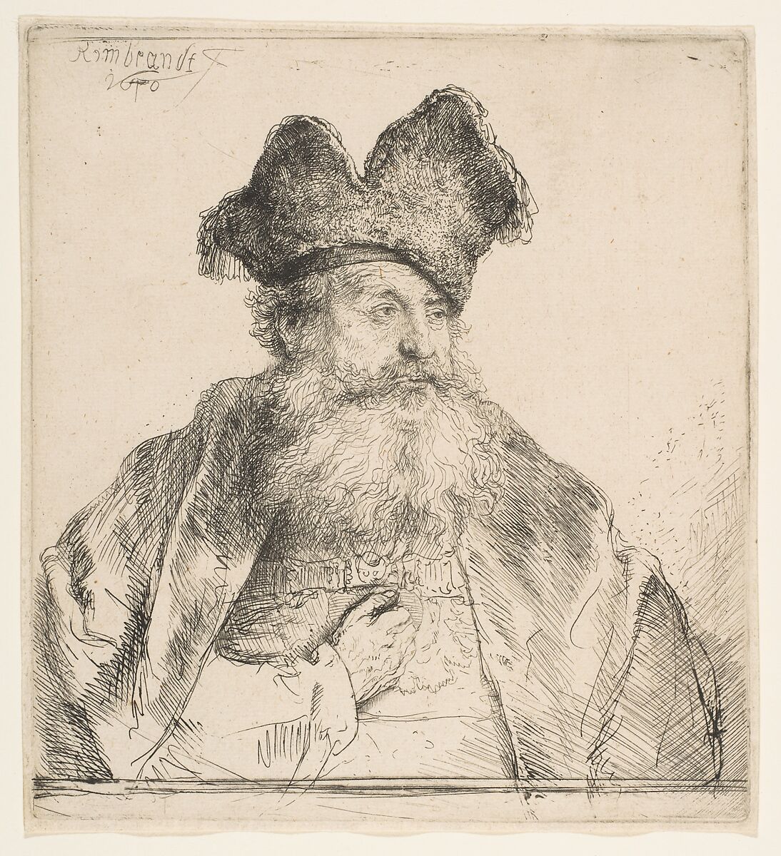 Old Man with Divided Fur Cap, Rembrandt (Rembrandt van Rijn) (Dutch, Leiden 1606–1669 Amsterdam), Etching with some drypoint; first state 