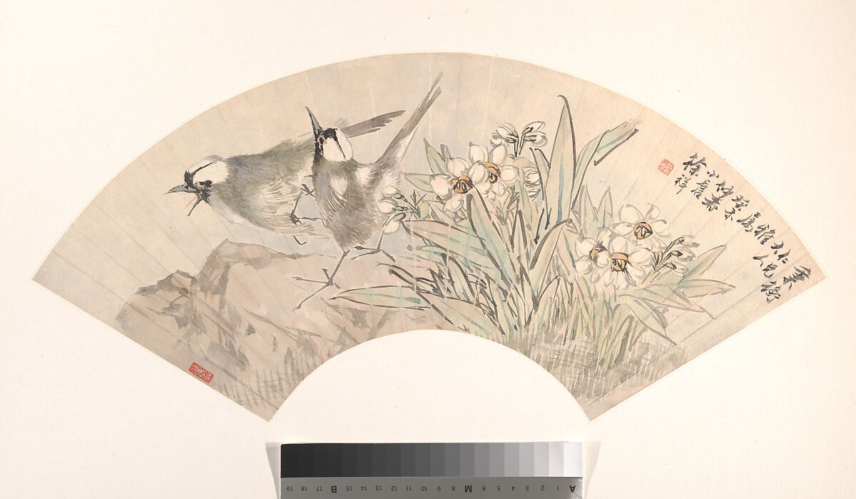 Birds and Narcissus, Xu Xiang (Chinese, 1850–1899), Folding fan mounted as an album leaf; ink and color on alum paper, China 