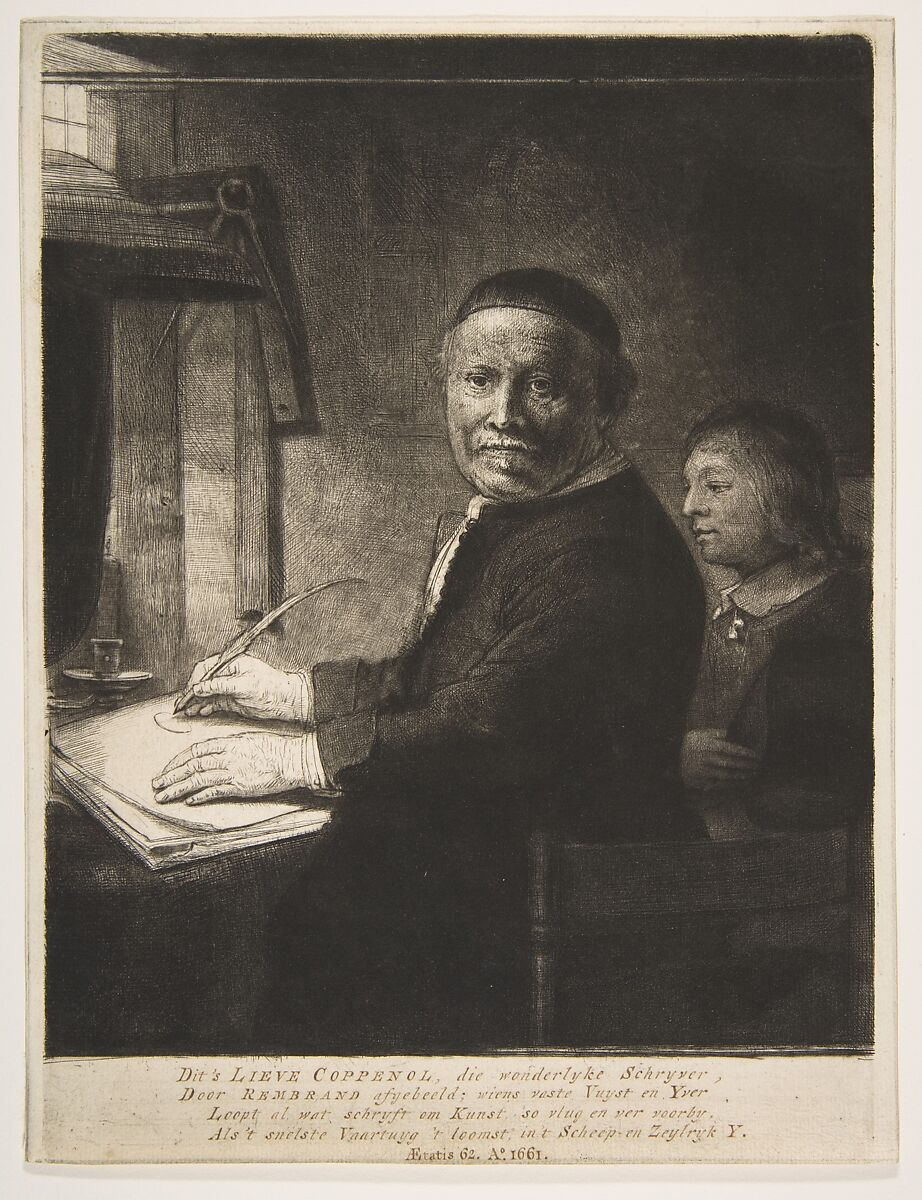 Lieven Willemsz van Coppenol with his Grandson, Rembrandt (Rembrandt van Rijn) (Dutch, Leiden 1606–1669 Amsterdam), Etching and drypoin, plate darkened with mezzotint rockert; sixth of seven states 