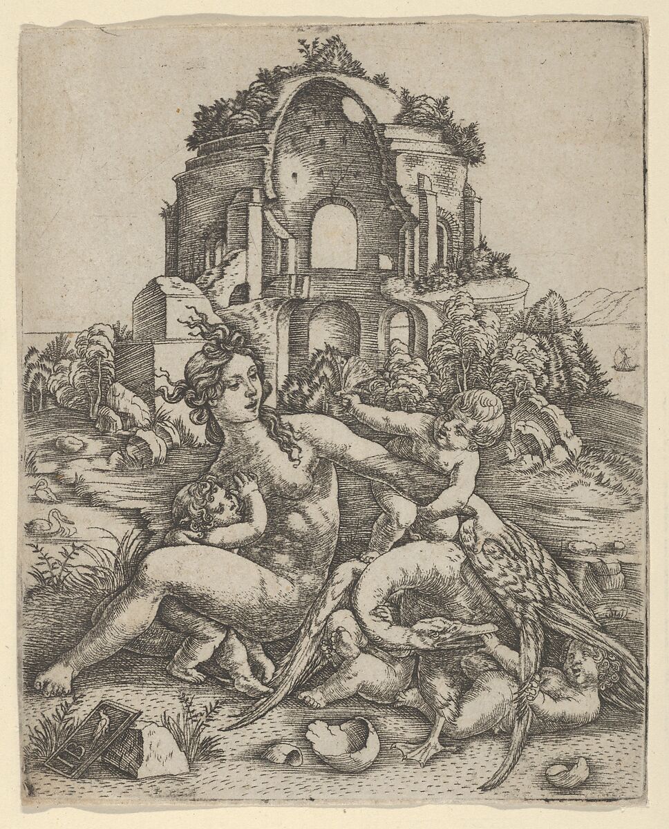 Leda and her children playing with the swan, with a Roman temple in the background, Giovanni Battista Palumba (Italian, active ca. 1500–1520), Engraving 