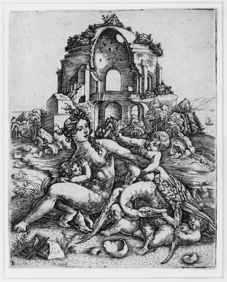 Leda and her children playing with the swan, with a Roman temple in the background, Giovanni Battista Palumba (Italian, active ca. 1500–1520), Engraving