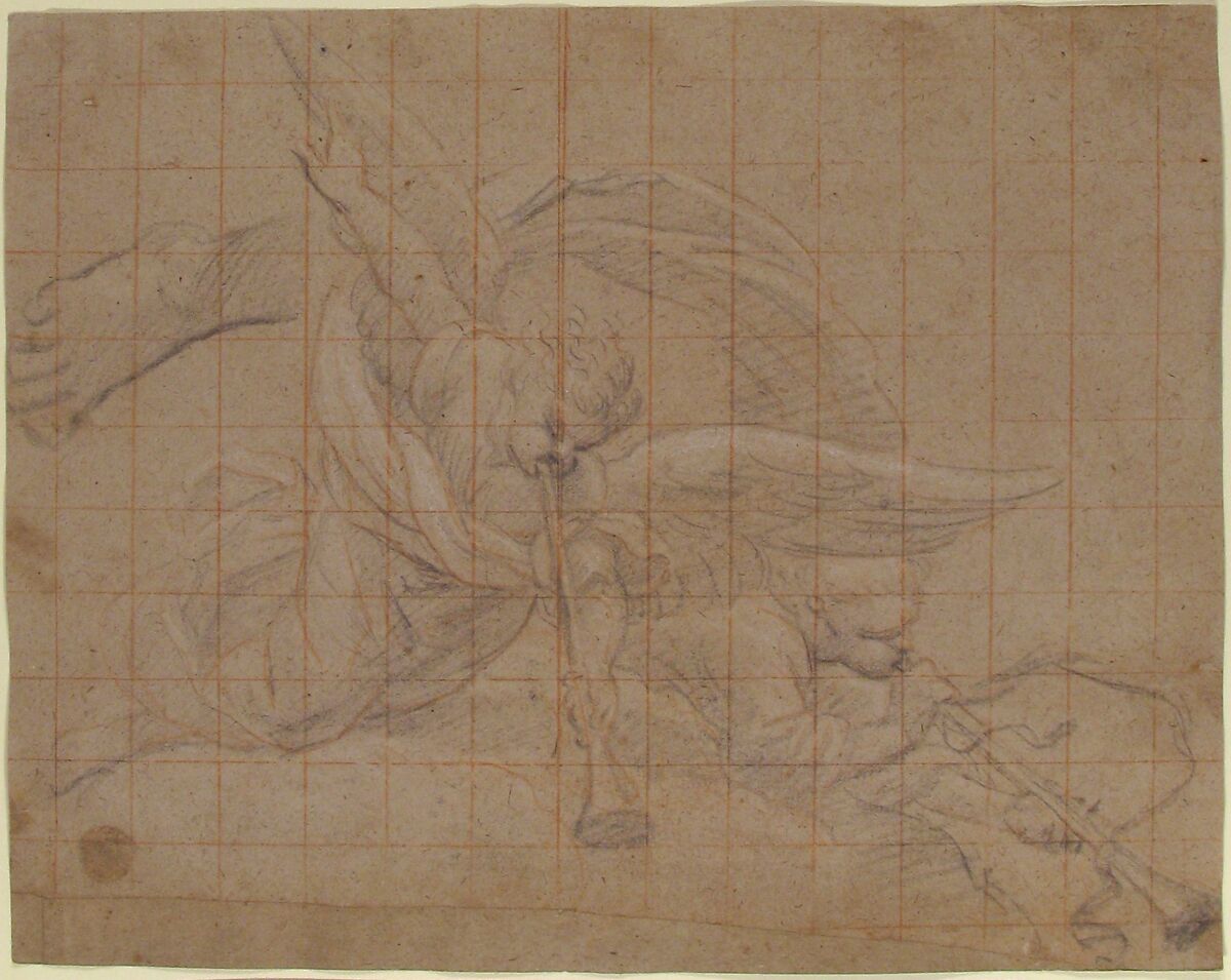 Two Angels, Study for the Val de Grâce, Pierre Mignard  (French, Troyes 1612–1695 Paris), Black chalk, heightened with white chalk on light brown antique laid paper, squared in red chalk
