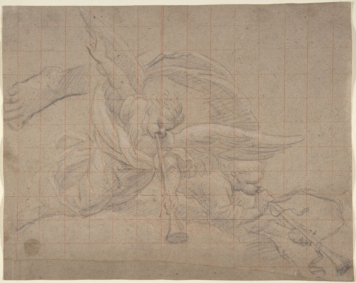 Two Angels, Study for the Val de Grâce, Pierre Mignard  (French, Troyes 1612–1695 Paris), Black chalk, heightened with white chalk on light brown antique laid paper, squared in red chalk 