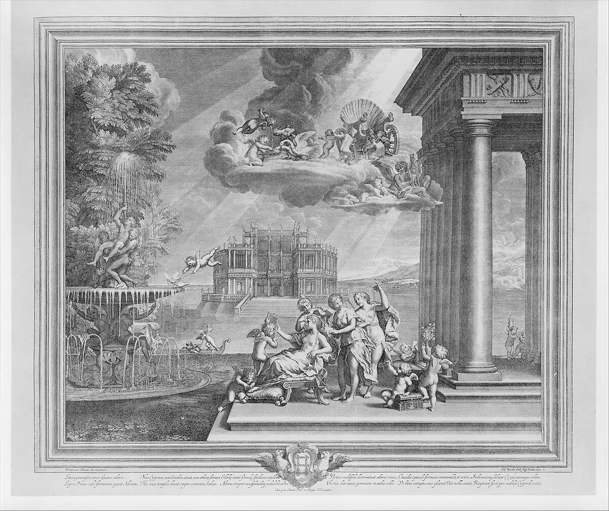 Plate 1: The Toilette of Venus; Venus reclining at center, gazing into a mirror held by Cupid, attendants fix her hair while a putto ties her sandal, above her chariot appears on a cloud; from the series 'The Loves of Venus and Adonis', Etienne Baudet (French, Crafrier near Blois 1638–1711 Paris), Engraving and etching [possibly a later printing] 