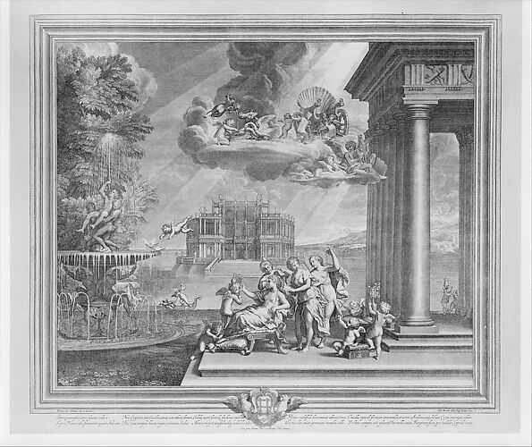 Plate 1: The Toilette of Venus; Venus reclining at center, gazing into a mirror held by Cupid, attendants fix her hair while a putto ties her sandal, above her chariot appears on a cloud; from the series 'The Loves of Venus and Adonis'