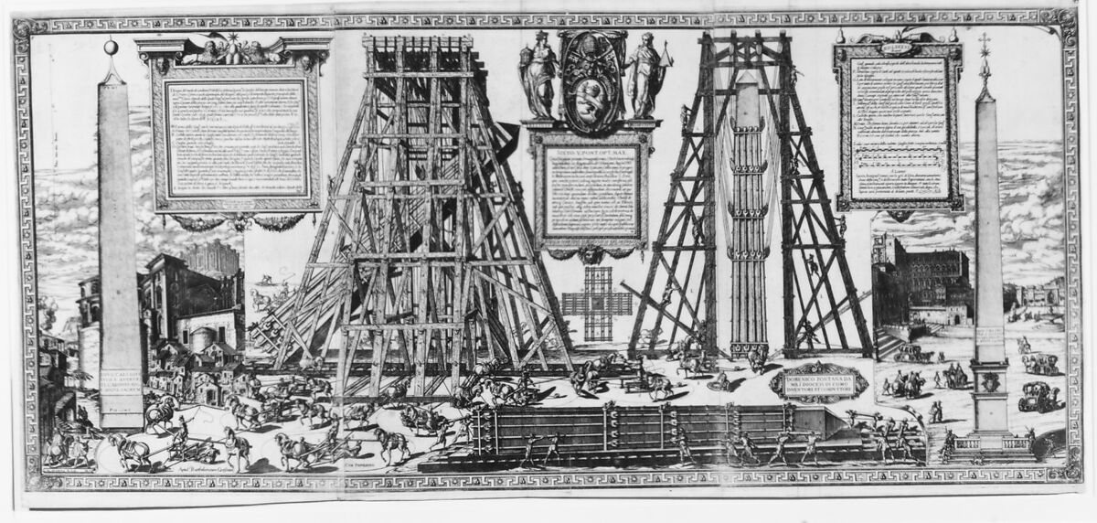 Moving the Vatican Obelisk, from "Speculum Romanae Magnificentiae", Natale Bonifacio (Italian, 1537–1592), Etching, printed from three plates 