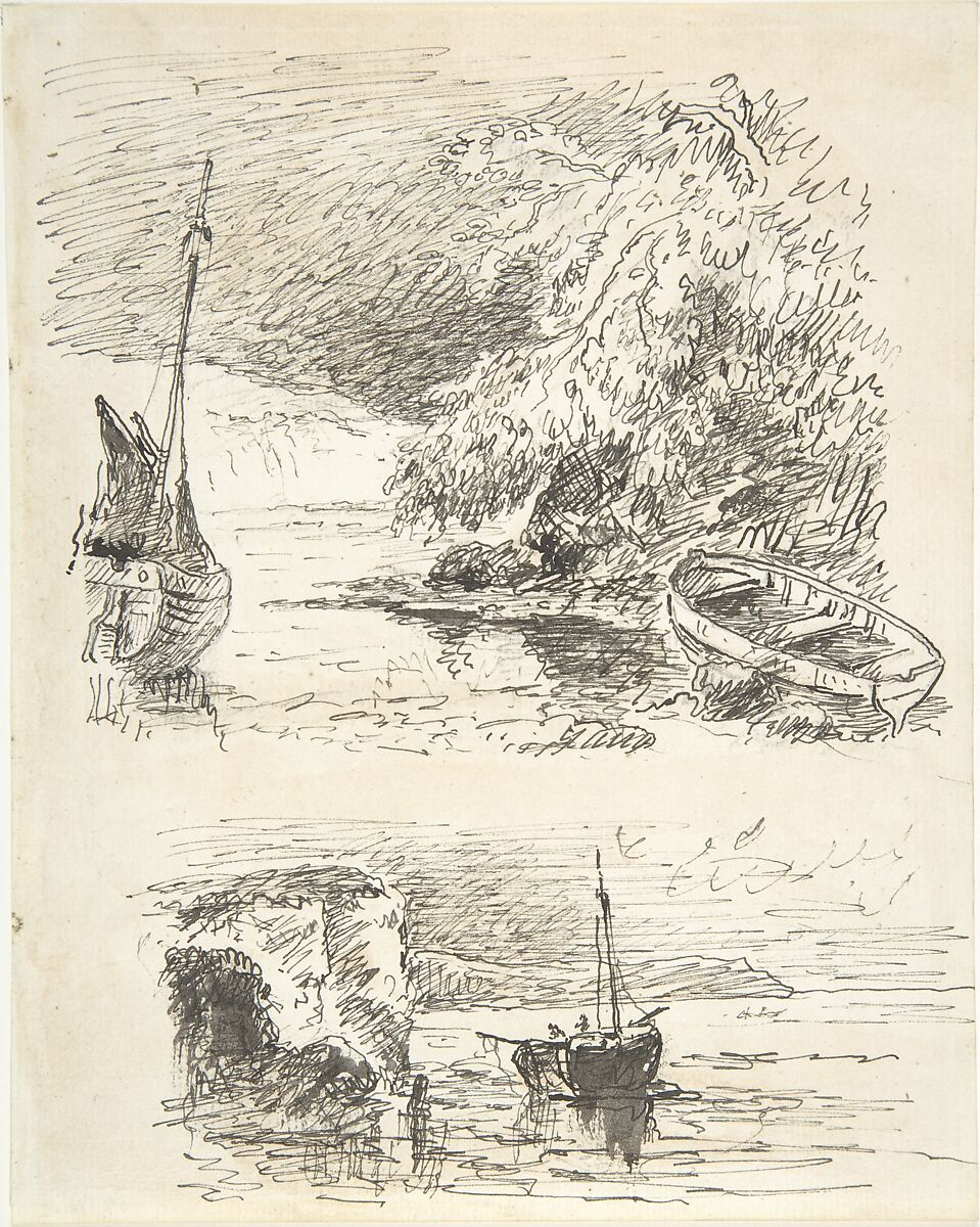 Two Sketches of Boats, Anonymous, British, 19th century, Pen and black ink, brush and wash, over graphite 