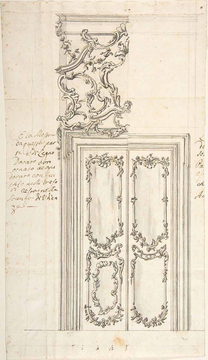 Design for a Door and Stucco Overdoor Decorations, Anonymous, Italian, 18th century ?, Pen and black and brown ink with gray wash, over a graphite outline 